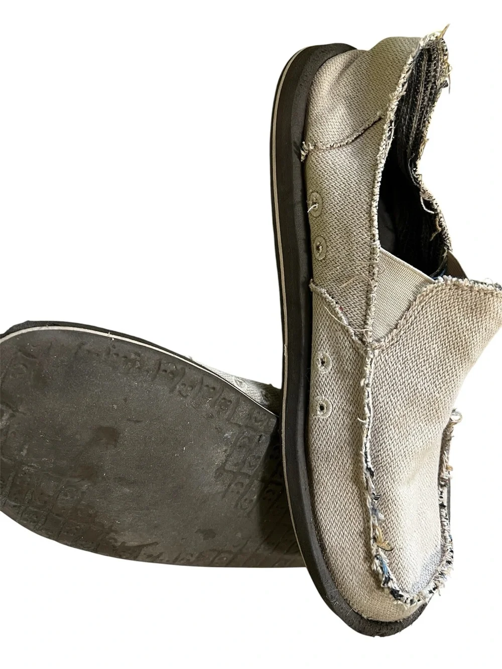 Sanuk Men's Frayed Canvas Slip-On Boat Shoes in Light Gray with Black Sole